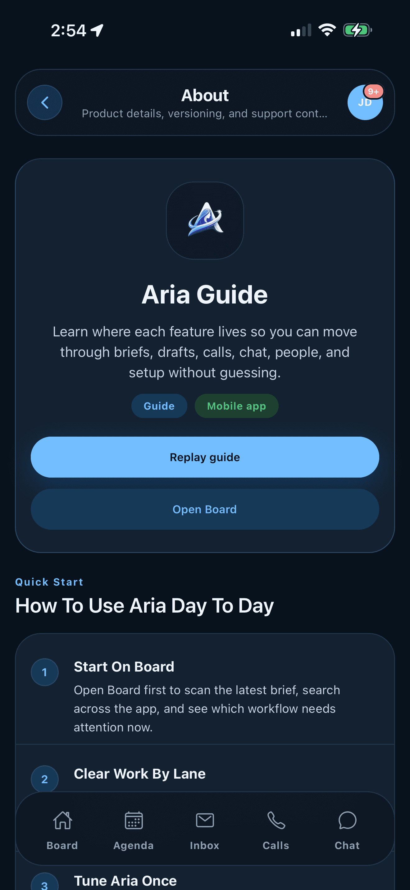 ARIA About screen on iPhone