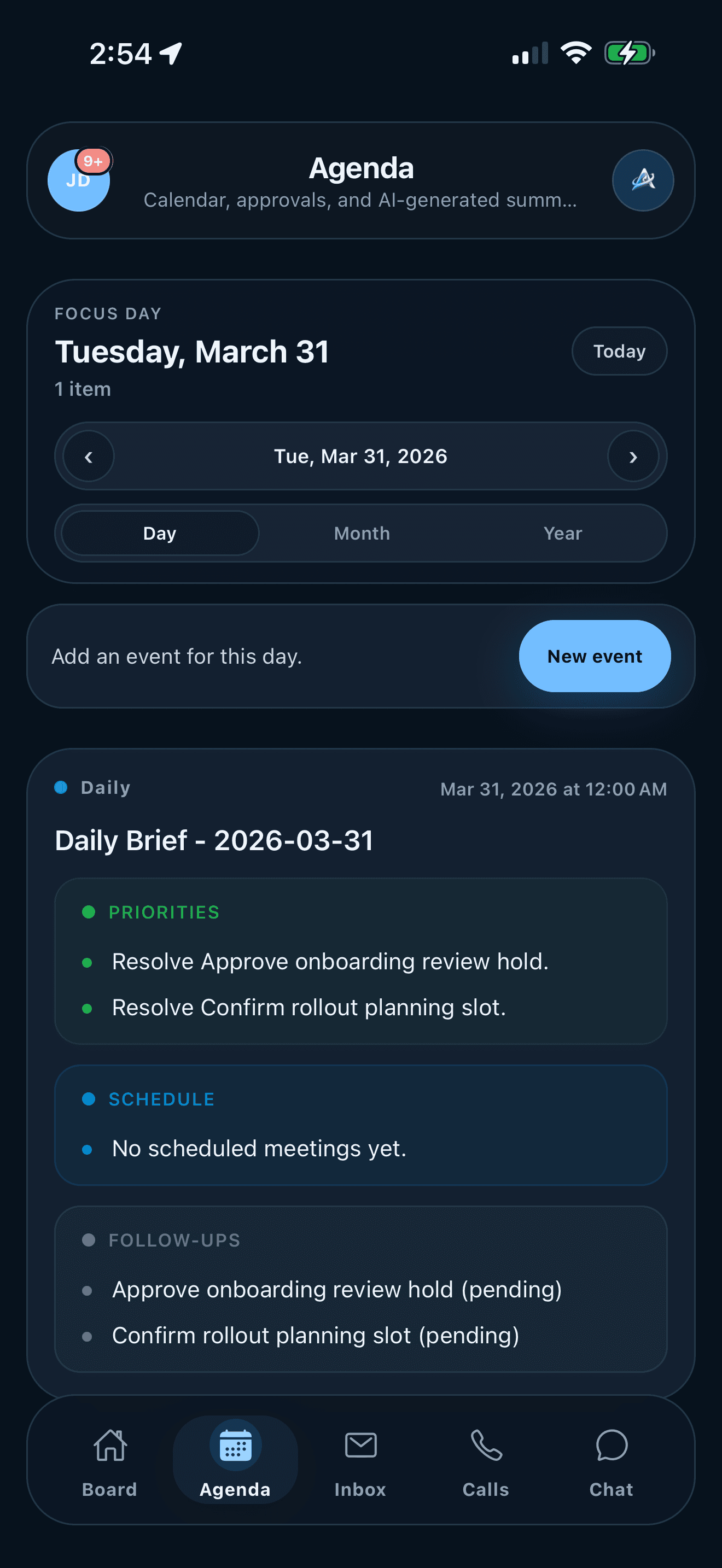 ARIA Agenda screen on iPhone