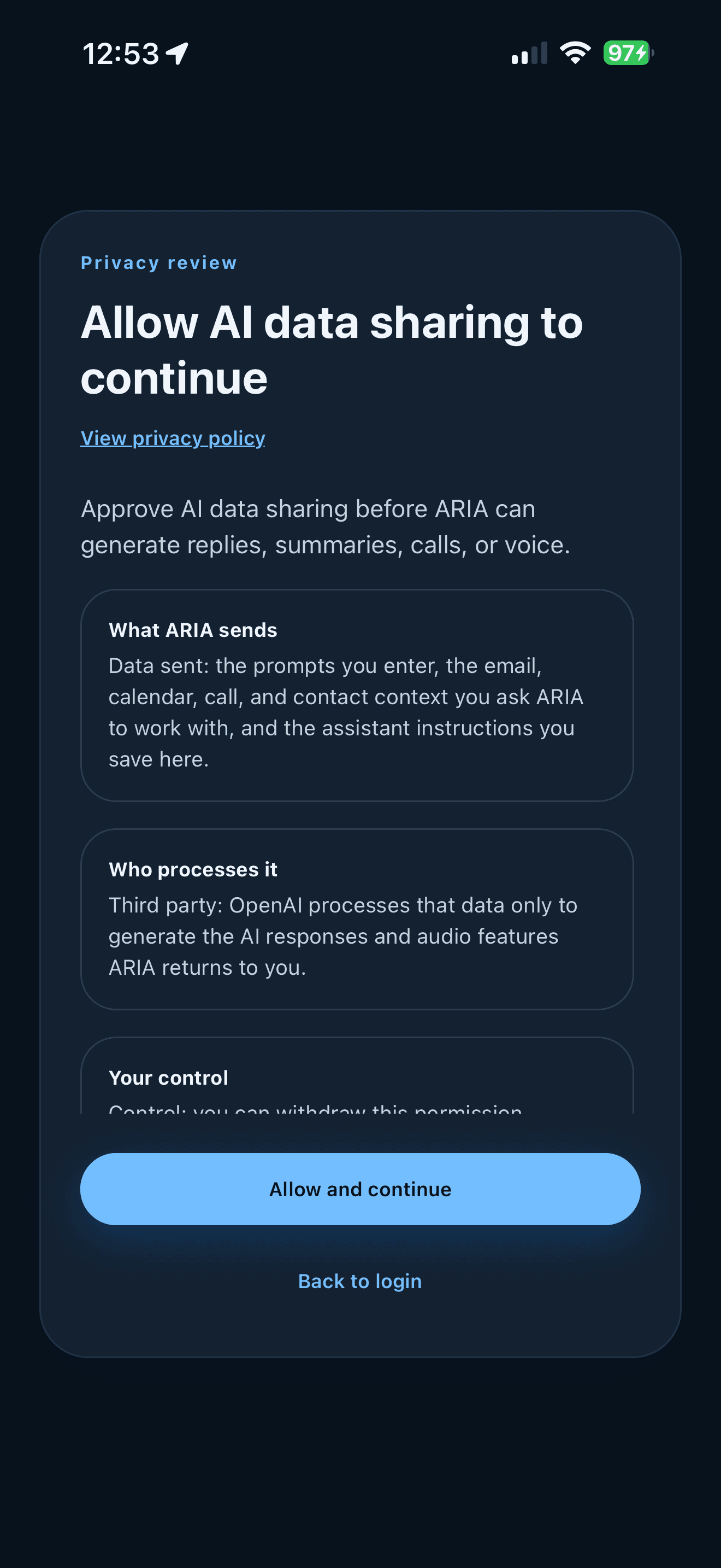ARIA mobile AI data sharing consent screen on iPhone