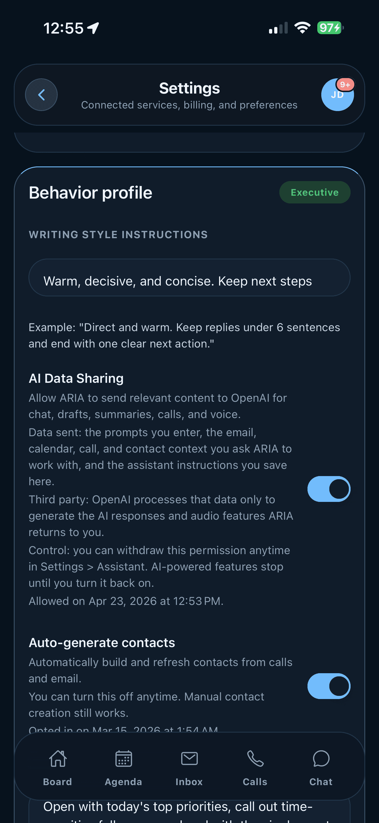 ARIA assistant AI data sharing settings on iPhone