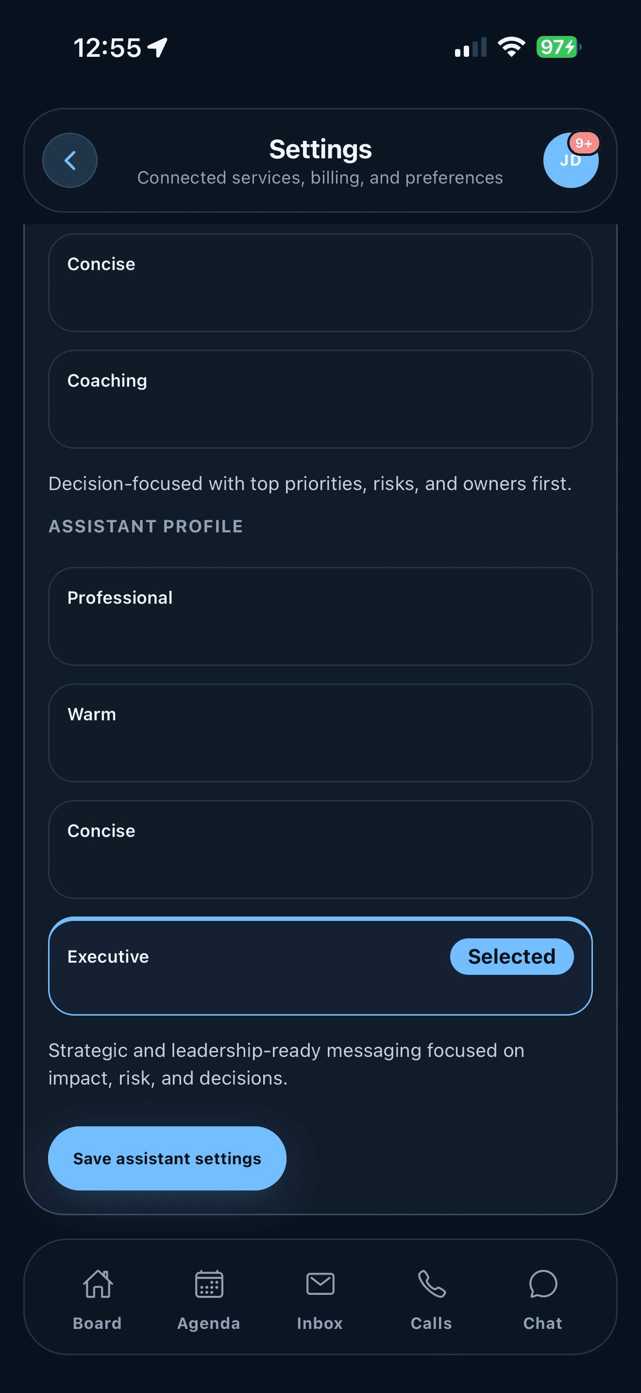 ARIA assistant profile settings on iPhone