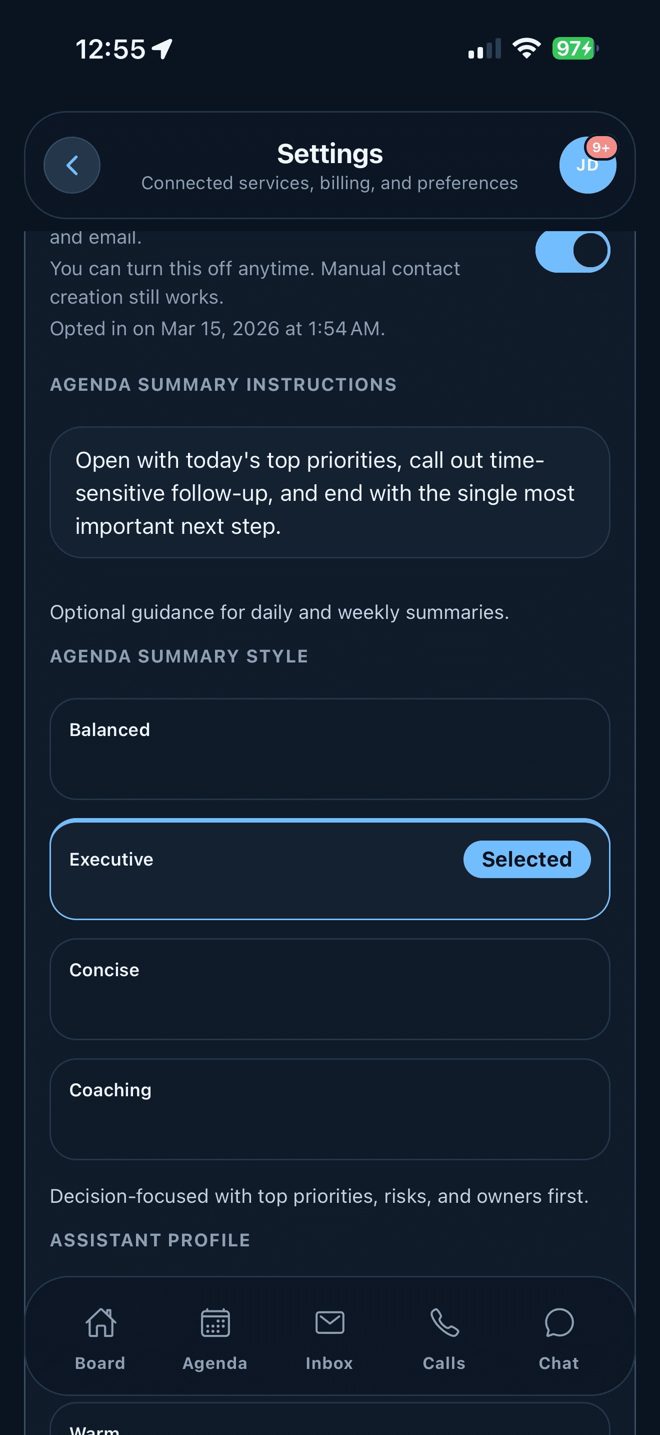 ARIA assistant settings screen showing agenda summary style and assistant profile options.