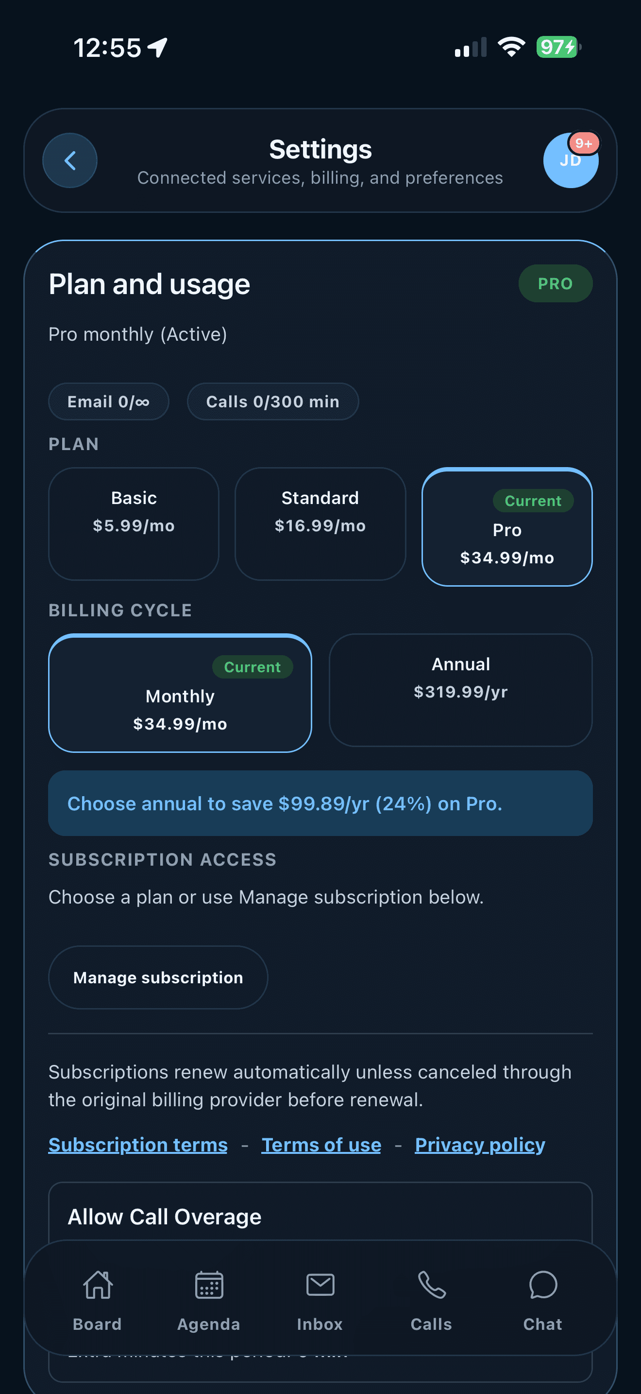 ARIA billing settings screen showing plan and billing cycle controls.