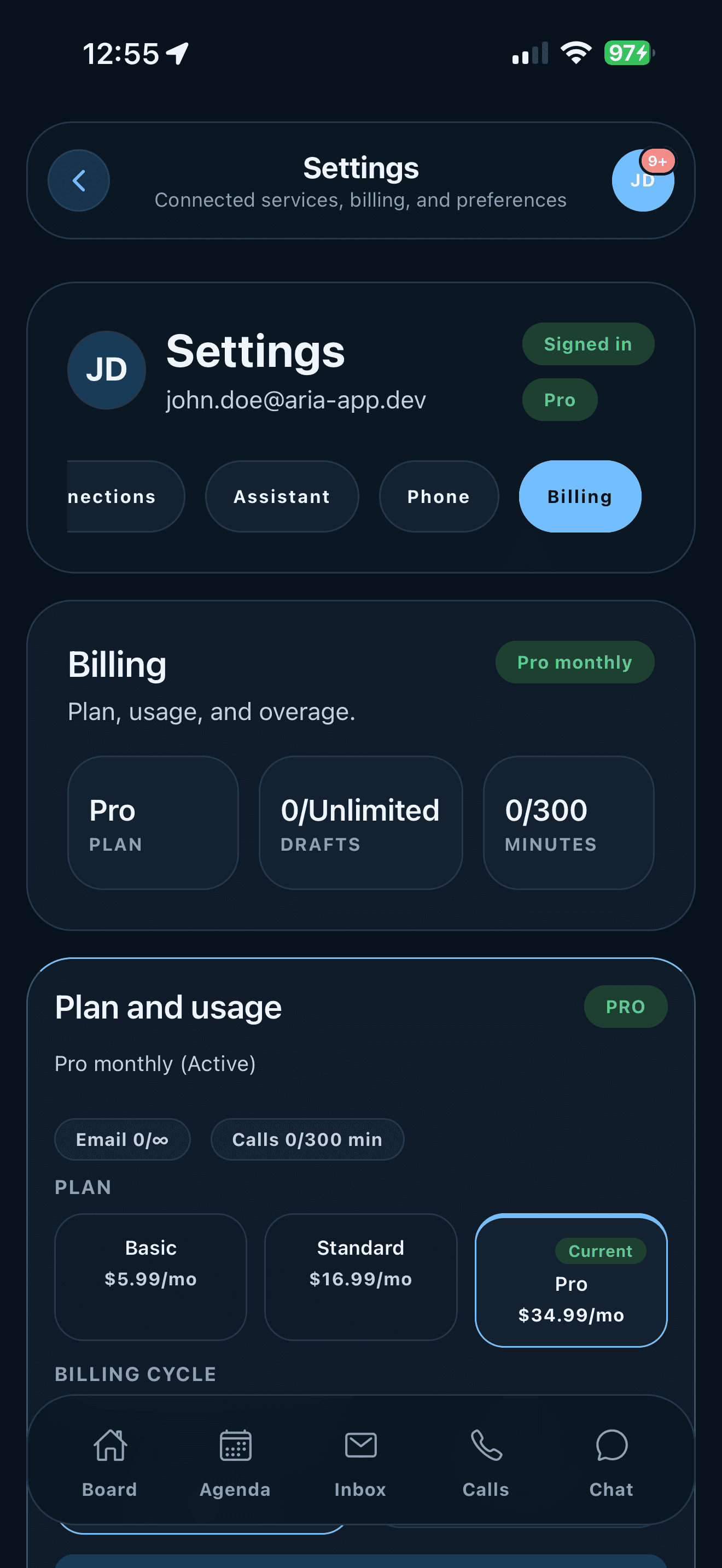 ARIA billing overview on iPhone