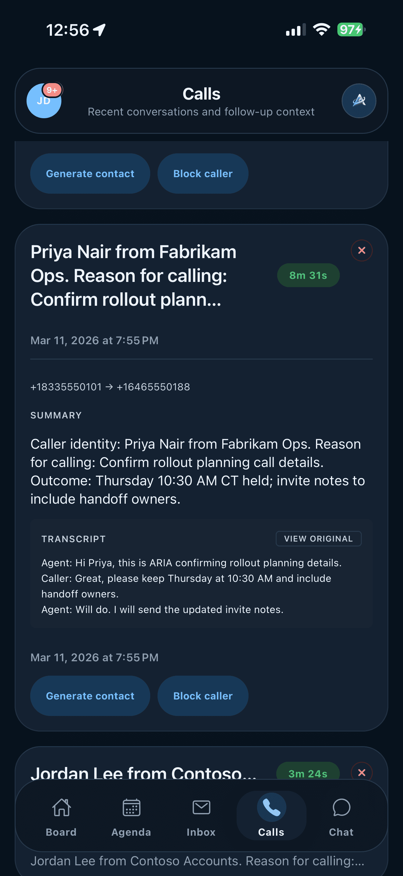 ARIA mobile Calls detail showing a call summary, transcript, and contact actions.