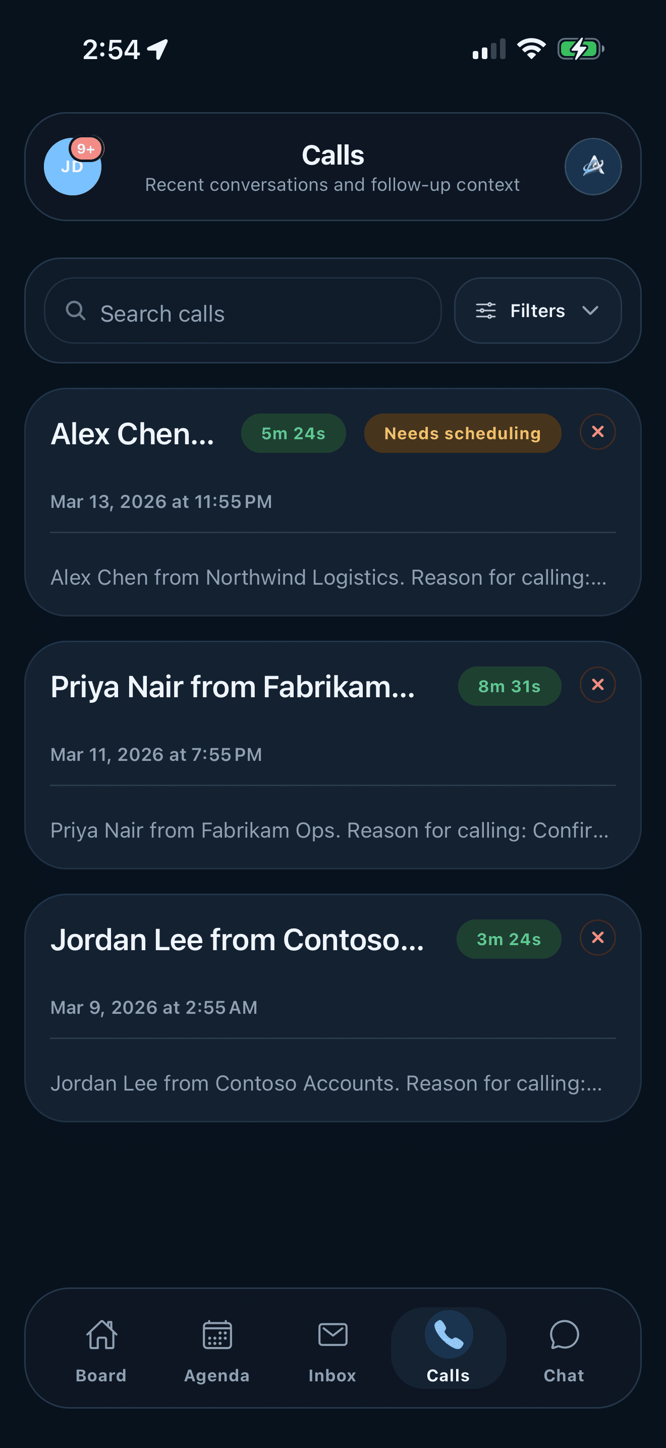 ARIA Calls screen on iPhone