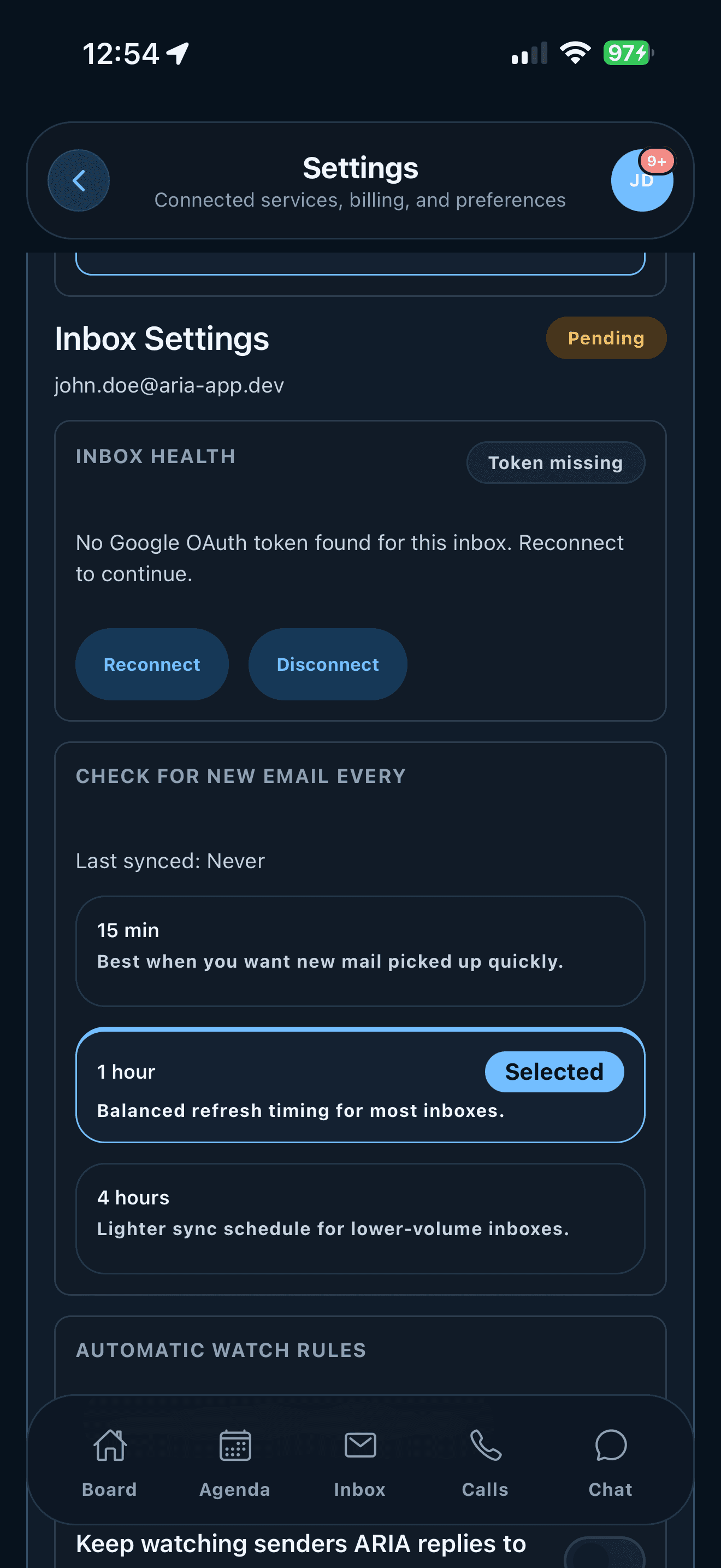 ARIA settings screen showing connected inbox health and sync cadence.