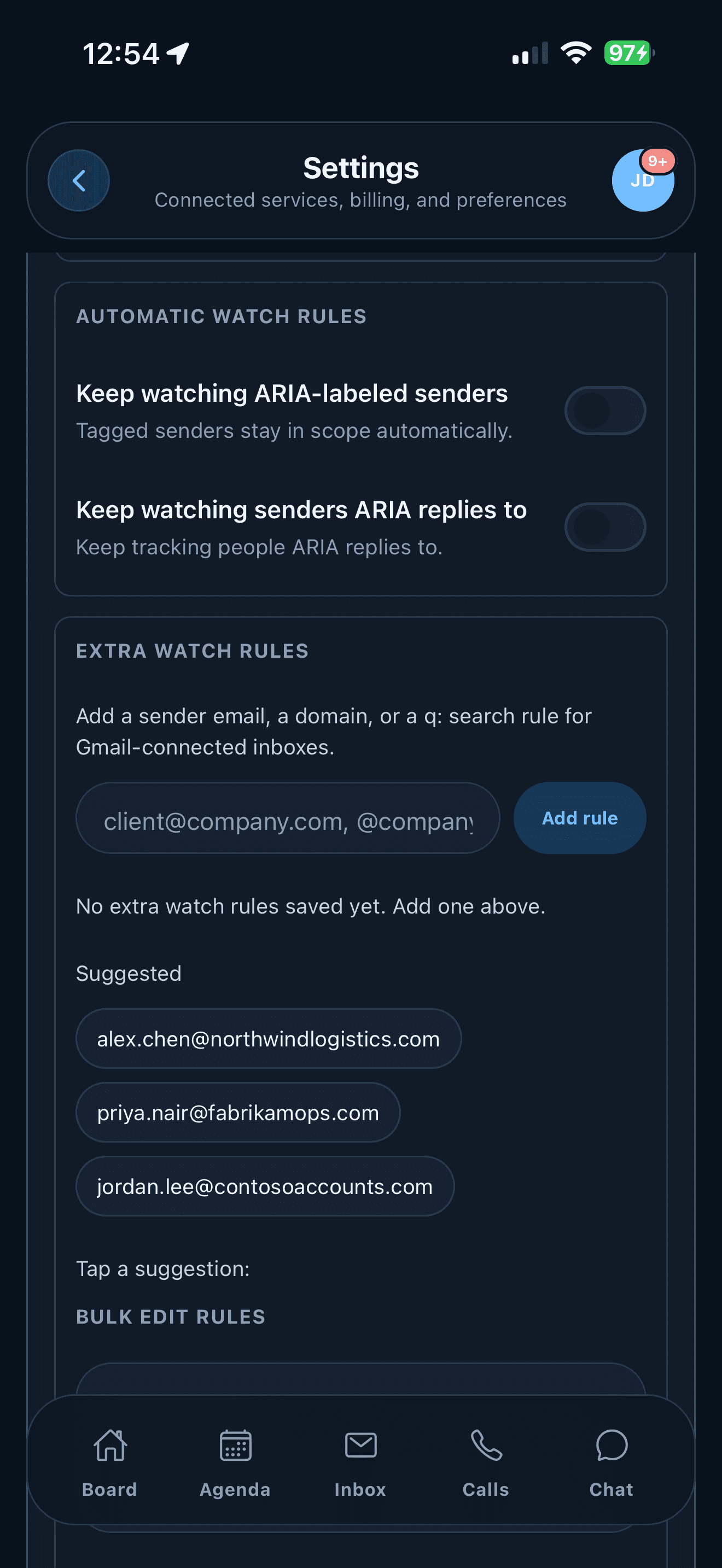 ARIA watch rules settings on iPhone
