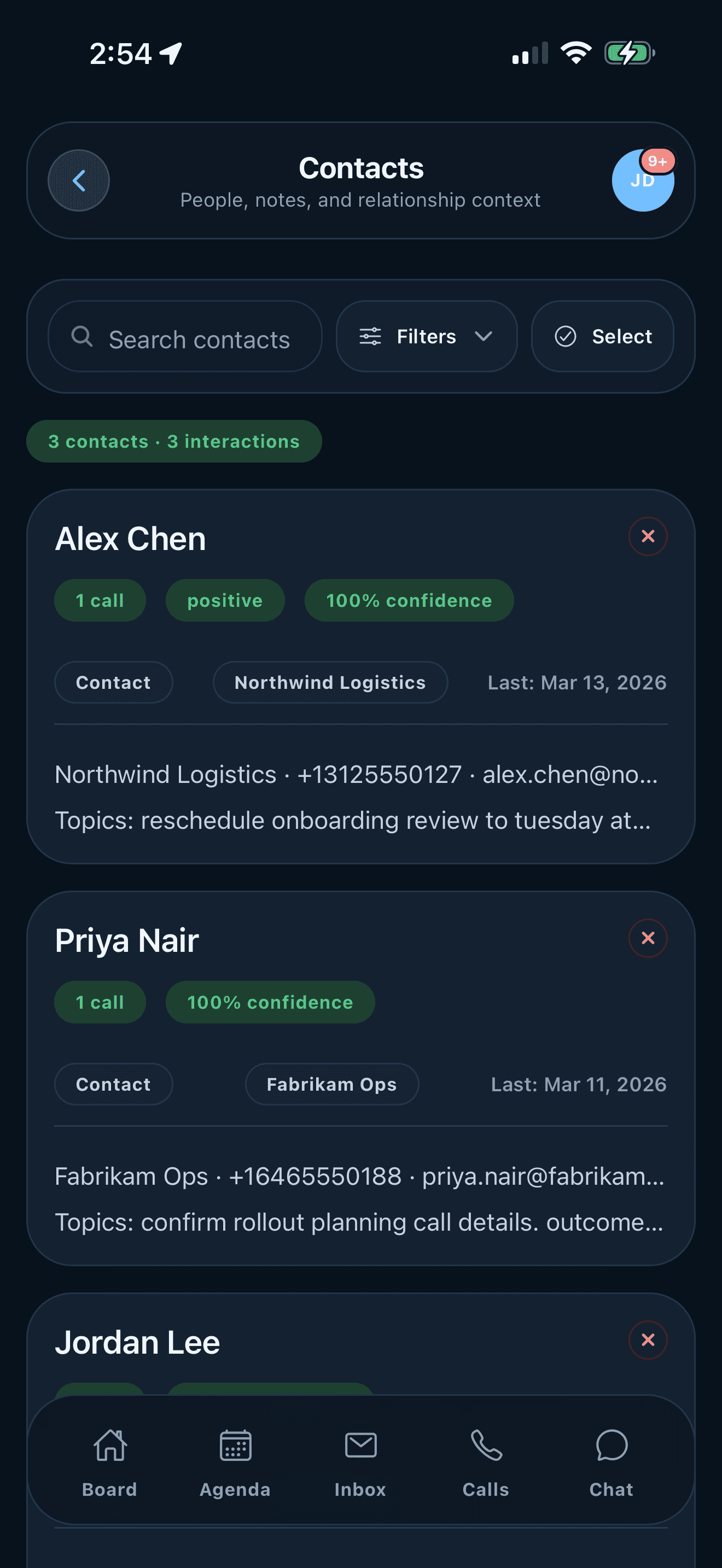 ARIA Contacts screen on iPhone