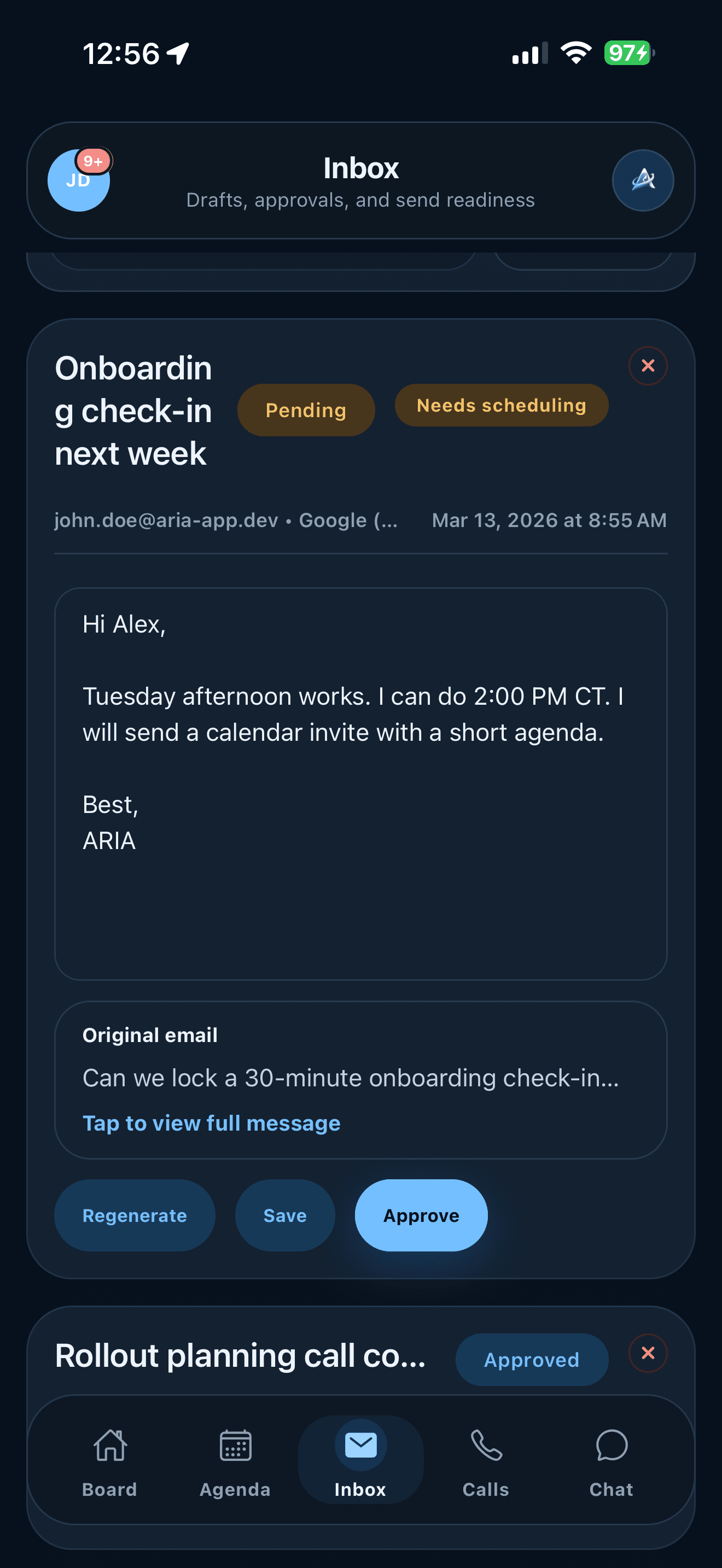ARIA Inbox draft detail screen on iPhone
