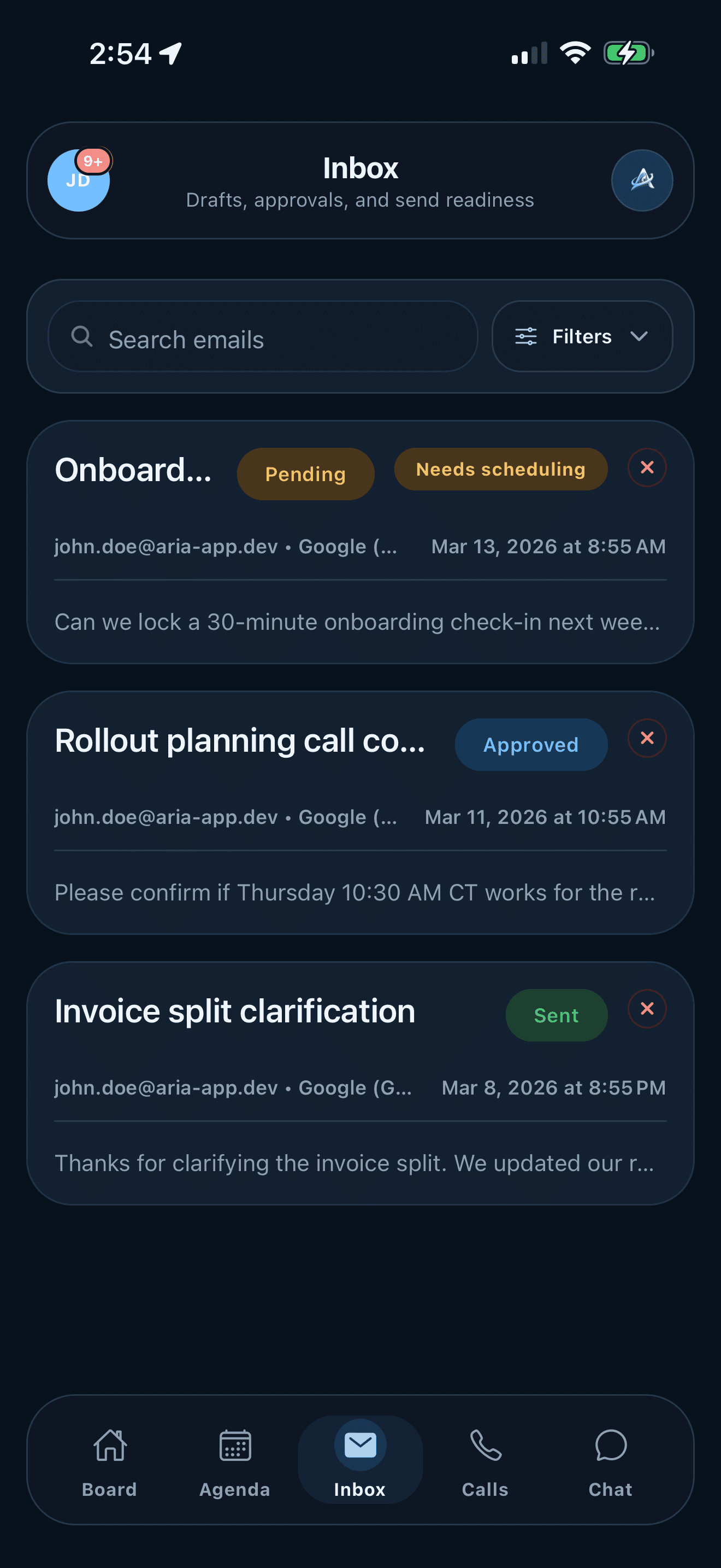 ARIA Inbox screen on iPhone