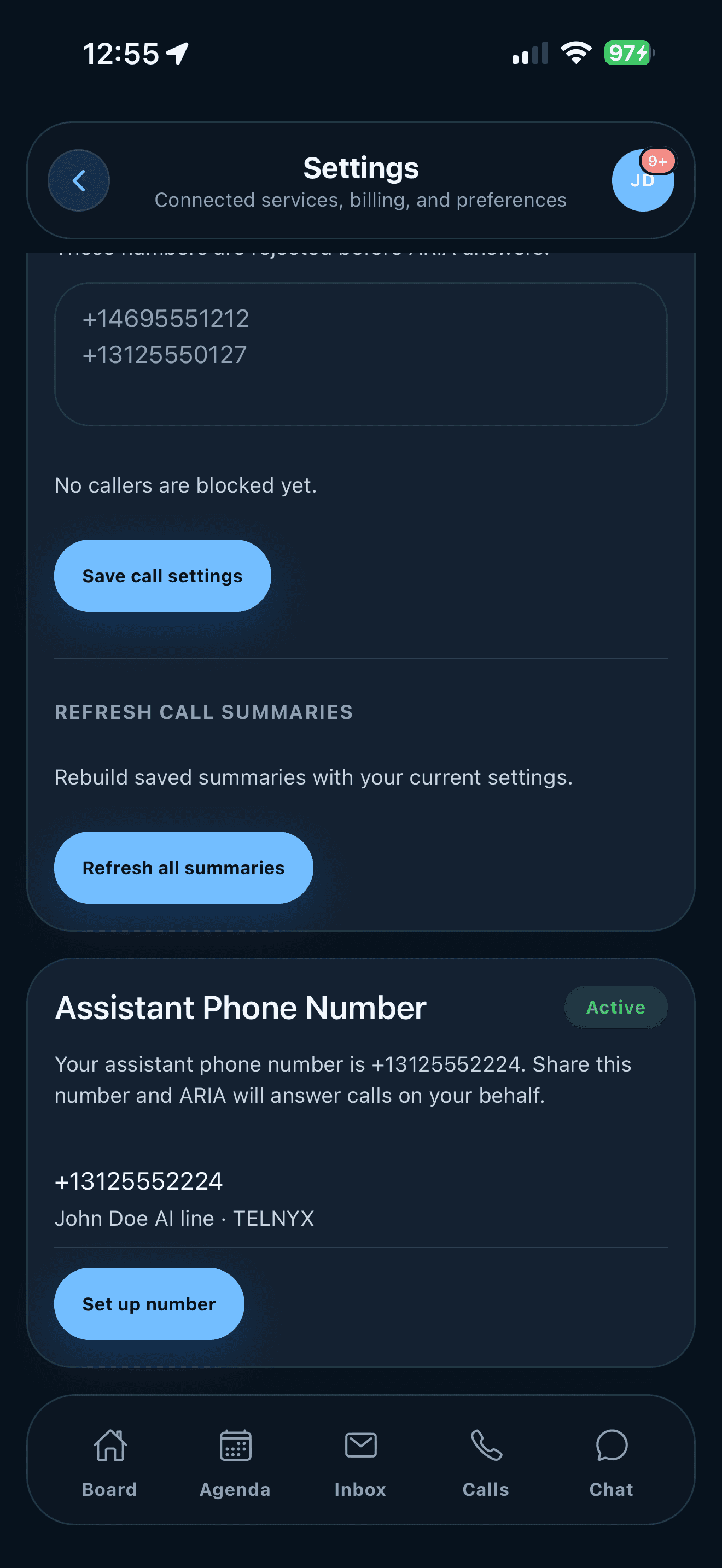 ARIA assistant phone number settings on iPhone
