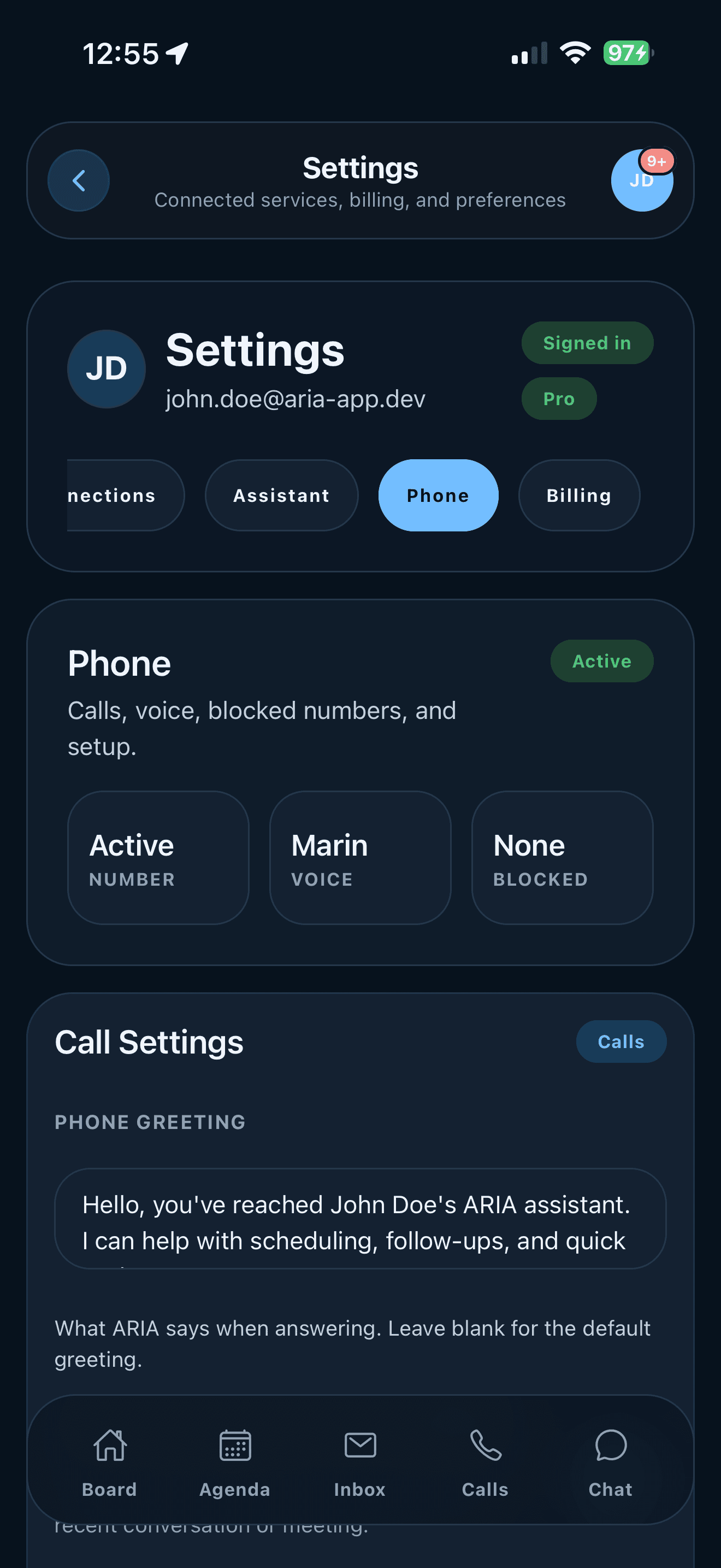 ARIA phone overview settings on iPhone