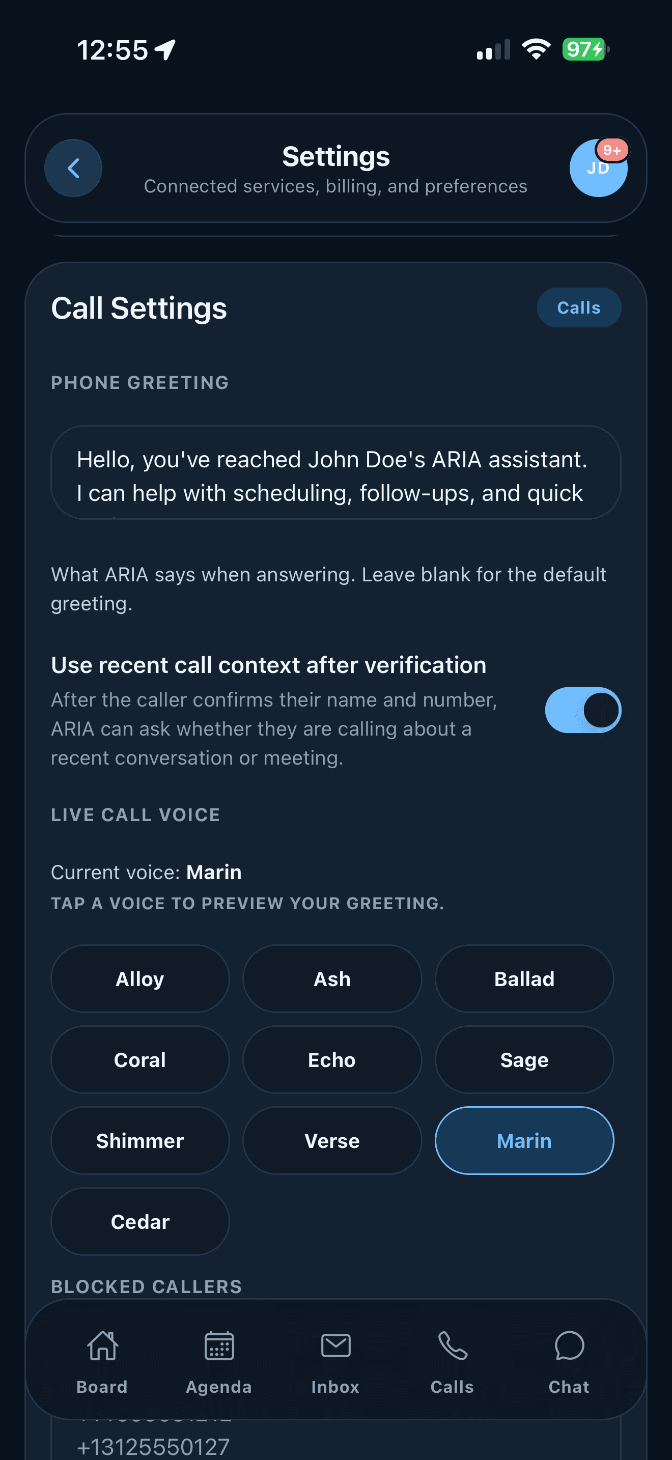 ARIA live call voice settings on iPhone