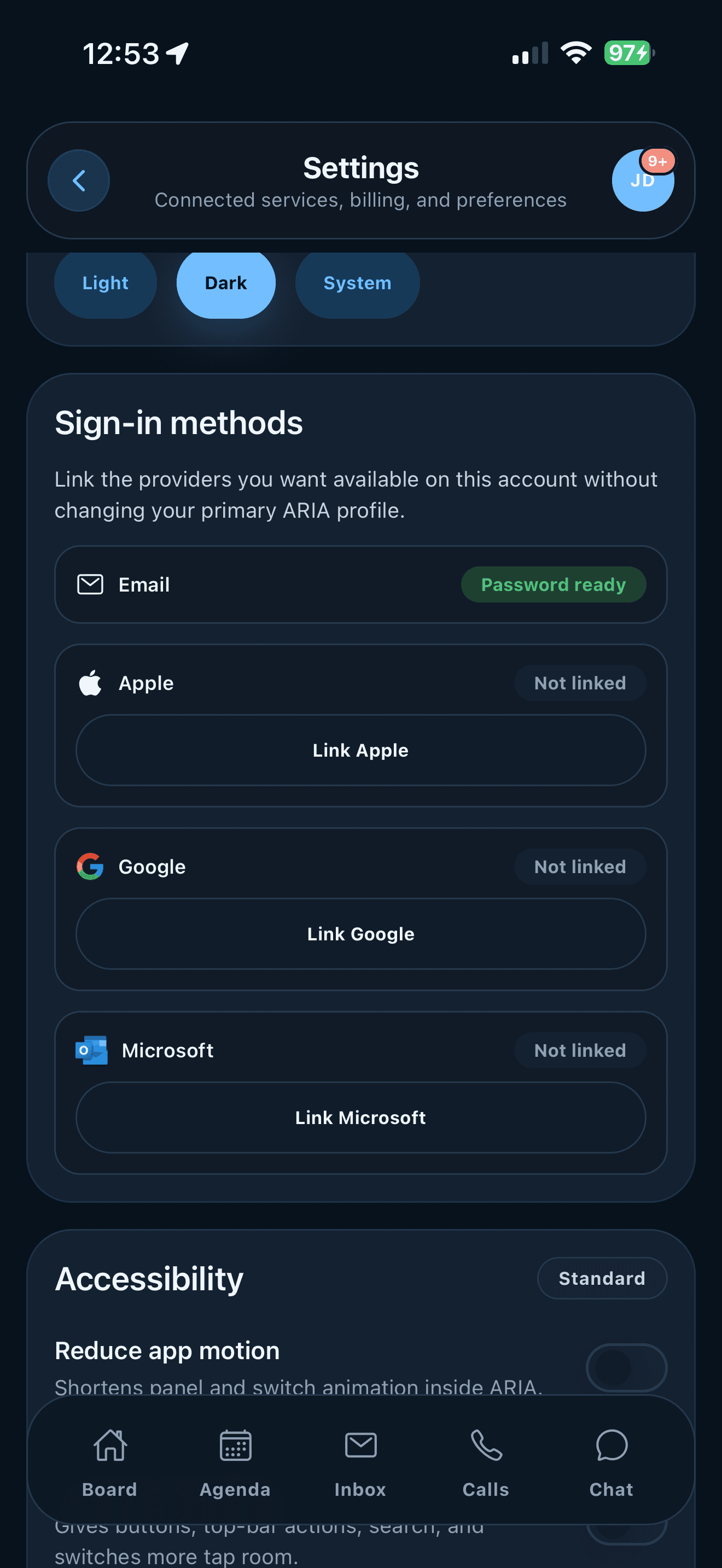 ARIA mobile sign-in methods settings screen on iPhone