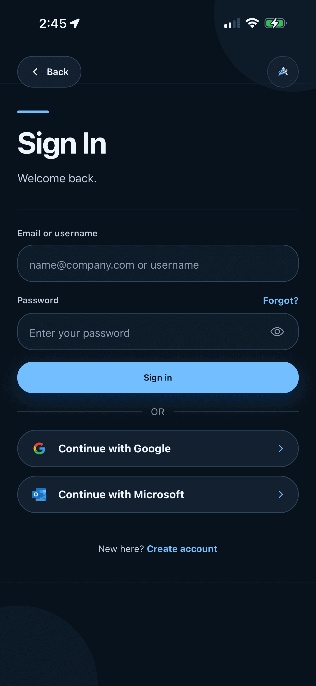 ARIA mobile sign-in screen