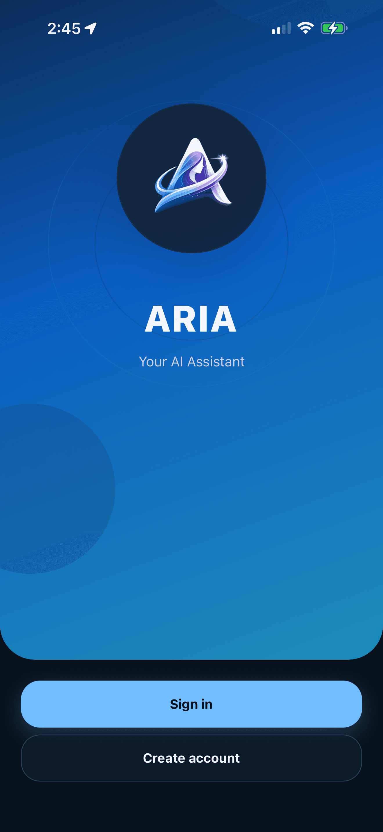 ARIA mobile welcome screen on iPhone